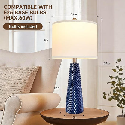 Terpsichore Nightstand Lamp Bedside Lamps Set of 2 Vintage Rustic Farmhouse Table Lamp 3 Way Dimmable Horizontal Stripe Light,for Living Room Bedroom,USB A+C (Blue, High 24 Inch)