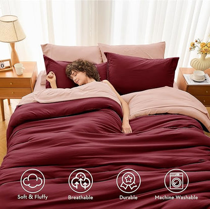 MUXHOMO 7 Pieces Queen Comforter Set, Soft Bed in a Bag Queen Size, All Season Bedding Set with Comforter, Flat Sheet, Fitted Sheet, Pillowcases & Shams, Burgundy & Rose Gold