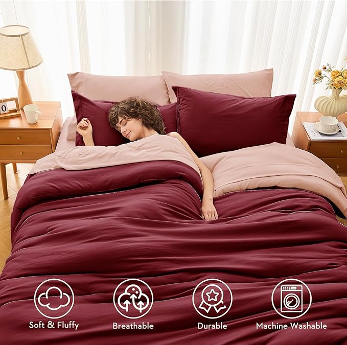 MUXHOMO 7 Pieces Full Comforter Set, Soft Bed in a Bag Full Size, All Season Bedding Set with Comforter, Flat Sheet, Fitted Sheet, Pillowcases & Shams, Burgundy & Rose Gold