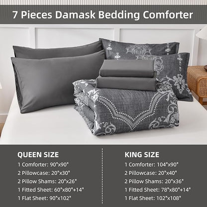 Mybedsoul 7 Pieces Grey Comforter Set King Size, Damask Bed in a Bag for King Bed, Lightweight Microfiber Boho Bedding Sets with Comforter, Sheet, Pillowcases & Shams for All Season (90"x104")