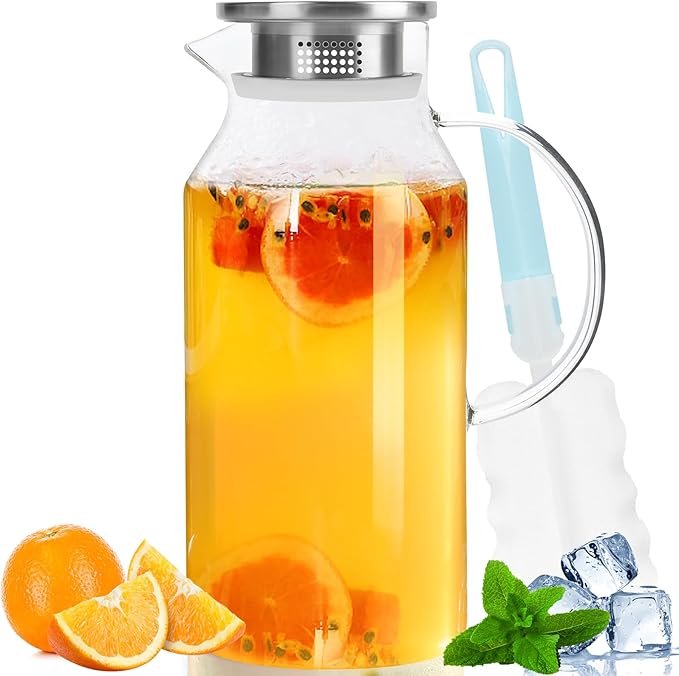 Yirilan Glass Pitcher, 90 oz/2.6 Liter Water Pitcher with Lid, Large Juice Pitchers for Drinks, Glass Water Carafe,Glass Tea Jug,Beverage Pitcher Transparent
