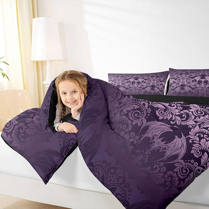 Feelyou Gothic Damask Print Comforter Set Twin Size Purple Goth Bat Victorian Floral Bedding Set for KidsBoho Bohemian Exotic Duvet Quilt Bedroom Decor Microfiber 2 Pcs with 1 Pillow Cases