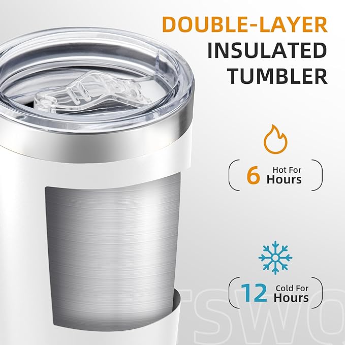 20 oz Tumbler Bulk with Lid Stainless Steel Insulated Tumblers Double Wall Vacuum Coffee Mug Powder Coated Tumbler Cups for Cold and Hot Drinks, White, 6 pack