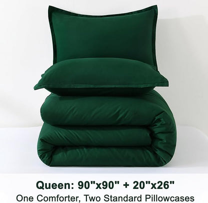 Litanika Dark Emerald Green Queen Comforter Set, 3 Pieces Solid Forest Bedding Set, All Season Fluffy Bed Set (90x90In Comforter & 2 Pillowcases)