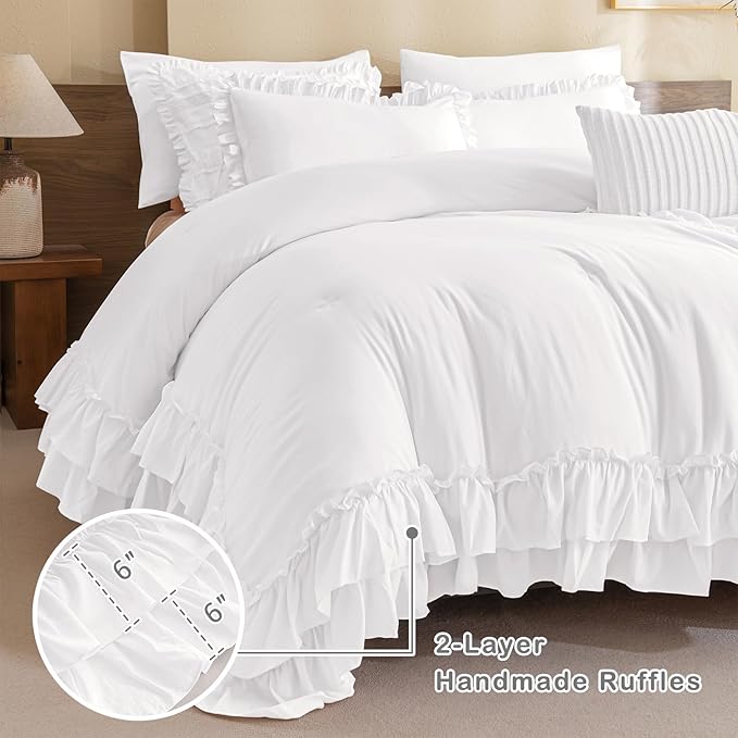 Masaca Ruffle Twin Comforter,Shabby Boho Chic Netural White Ruffled Comforter Set 3 Pieces Farmhouse Rustic French Country Kids Twin Bedding Sets Ultra Soft