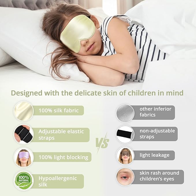 Kids Sleep Mask Eye Cover, 100% Real Natural Pure Silk Eye Mask with Adjustable Strap, Blindfold Kids Eye Mask for Sleeping, Eye Shade for Boys Girls and Adult, Pressure-Free Comfort (Light Green)