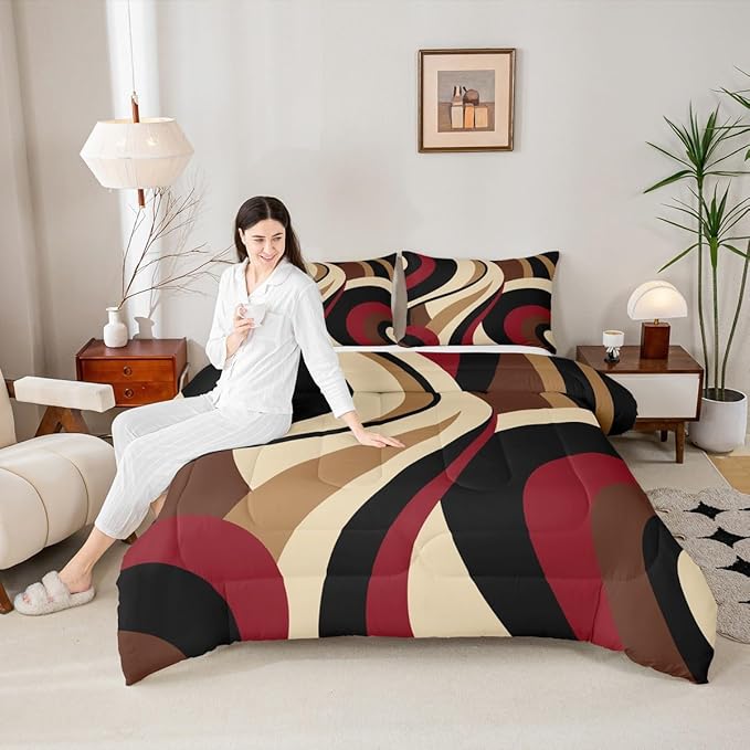 Red Brown Spiral Toddler Comforter for Adult Women Men Modern Swirls Stripes Abstract Bedding Set for Minimalists Boho Aesthetic Geometric Bed Sets Graffiti Art Lines Quilt Duvet Insert