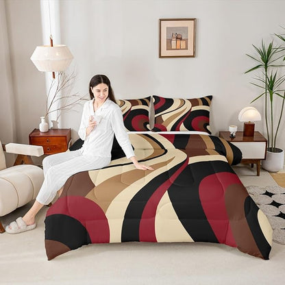 Red Brown Spiral Twin Comforter Set for Adult Women Men Modern Swirls Stripes Abstract Bedding Set for Minimalists Boho Aesthetic Geometric Bed Sets Graffiti Art Lines Quilt Duvet Insert