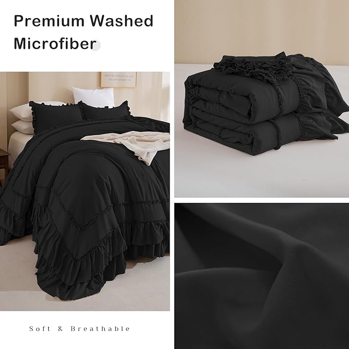 Masaca Oversized King Comforter 128x120,Shabby Boho Chic Farmhouse Bedding Comforter with Ruffles Vintage Soft French Country Bedding Set Lightweight Black Ruffled Extra Large King Comforter 3 Pcs
