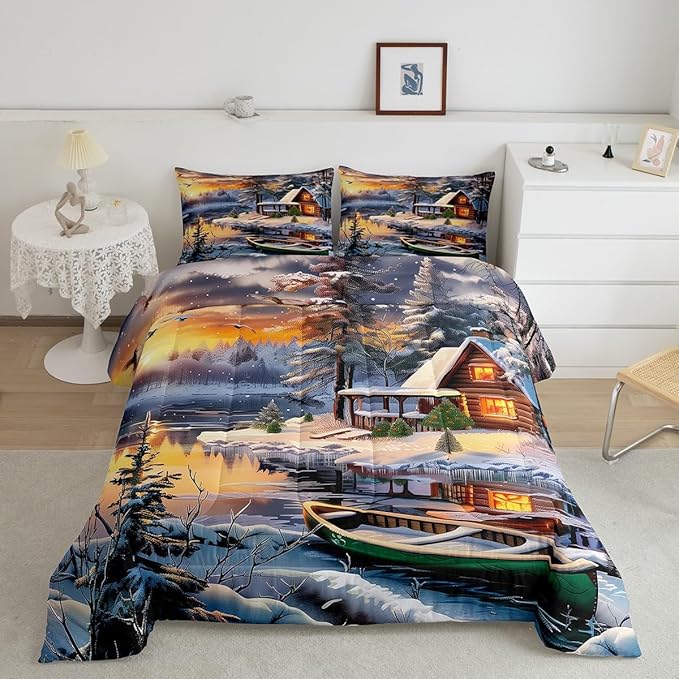 Winter Wood Cabin Comforter Set Full Size,Lake Boat and Mountain Scenery Bedding Set for Kids Teens Adult Room Decor,Snowflake Pine Tree Quilt Set Happy New Year Duvet Insert,2 Pillowcases