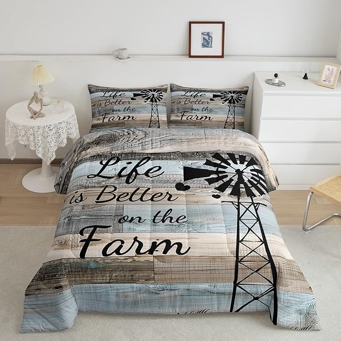 Country Farm Bedding Set Queen For Kids Boys Girls,Windmill Silhouette Quilt Comforter Rustic Farmhouse Comforter Set Patchwork Blue Grey Brown Barn Door Duvet Insert Western Room Decor 2 Pillow Cases