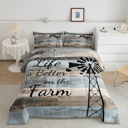 Country Farm Bedding Set Full For Kids Boys Girls,Windmill Silhouette Quilt Comforter Rustic Farmhouse Comforter Set Patchwork Blue Grey Brown Barn Door Duvet Insert Western Room Decor 2 Pillow Cases