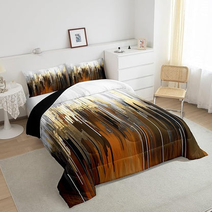 Erosebridal Brown Bedding Twin Ombre Abstract Comforter Set, Brush Marks Gradient Bedding Comforter Sets Contemporary Golden Metallic Duvet Insert, Watercolor Stripe Aesthetic Down Comforter