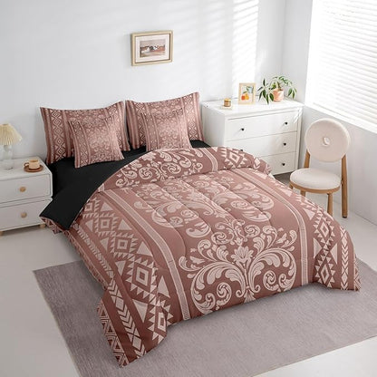 Comforter Set Twin Size, Coper Brown Damask Aztec 7 Pcs Bedding for Kids and Adults, Antique Decor Western Baroque Gothic Bed Sheet Sets with Fitted Sheet 2 Pillowcases & 2 Shams for Bedroom Bed Decor
