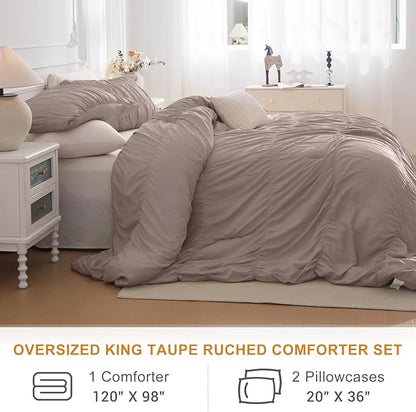 Lady Ann 120x98 Bed Comforter Set Camel Ruched Oversized King Boho Bedding Comforter Set for Bedroom Ultra Soft & Luxurious 3 Piece Fluffy Bed Sets
