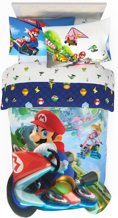Super Mario Kart Game Kids Bedding Set, Twin Size, 4-Piece Super Soft Cozy Reversible Comforter & Sheet Set (Officially Licensed Product) by Franco | Durable, Reversible, Officially Licensed