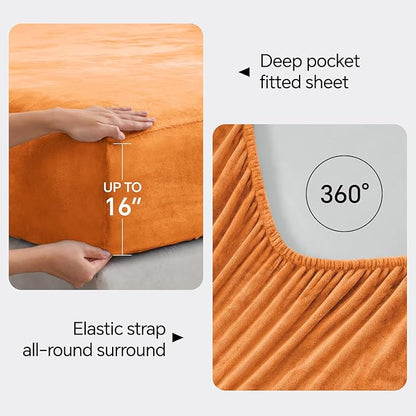 BEDELITE Flannel Sheets Queen Size Burnt Orange - Super Soft Fall Fleece Sheets Set Fluffy Extra Plush, 4 Piece(Include Fitted Sheet, Flat Sheet, 2 Pillowcases)