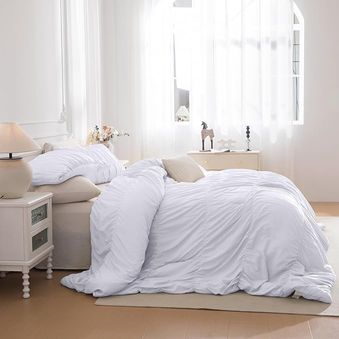 Masaca White Comforter Queen Size(90"x95"),Ruched Ruffle Lightweight Bed Set Ultra Soft Fluffy Textured Shabby Boho Chic Bedding 3-Piece (1 White Comforter+2 Pillow Shams)