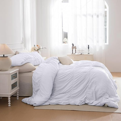 Masaca White Comforter Queen Size(90"x95"),Ruched Ruffle Lightweight Bed Set Ultra Soft Fluffy Textured Shabby Boho Chic Bedding 3-Piece (1 White Comforter+2 Pillow Shams)