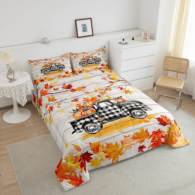 Fall Plaid Pumpkin Truck Bedding Set For Home Twin,Rustic Farmhouse Barn Door Comforter Set Autumn Harvest Thanksgiving Comforter Gifts For Kids,Red Gold Watercolor Maple Leaf Retro Quilt Duvet 2 Pcs