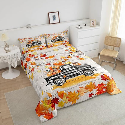 Fall Plaid Pumpkin Truck Bedding Set For Home King,Rustic Farmhouse Barn Door Comforter Set Autumn Harvest Thanksgiving Comforter Gifts For Kids,Red Gold Watercolor Maple Leaf Retro Quilt Duvet 3 Pcs