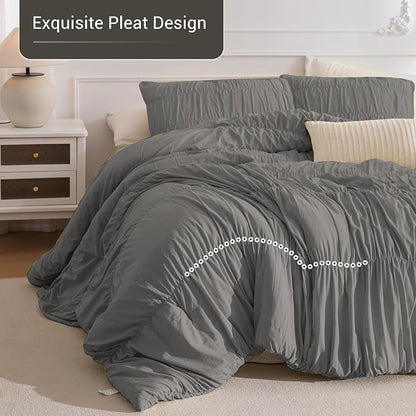 Lady Ann Gray Ruched Comforters Oversized King Size 128x120 Bedding Comforter Sets for Bedroom, 3 Piece Fluffy Boho Bedroom Set with Pillow Shams Soft All Season Bed Sets