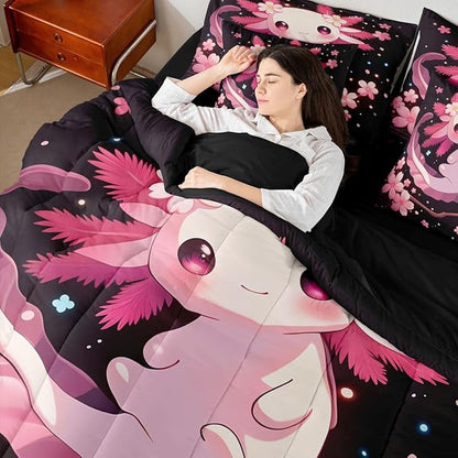 Erosebridal Cartoon Axolotl 7 Piece Comforter Set Queen | Wildlife Cherry Blossom Japanese Bed in A Bag Underwater World Pink Salamander Sheet Set Ocean Animal Fitted Sheet Breathable Lightweight