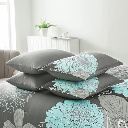 Yiran California King Comforter Set Grey Floral Comforter for All Season Cal King Soft Microfiber Bedding Set,7 Pieces,104"x96"