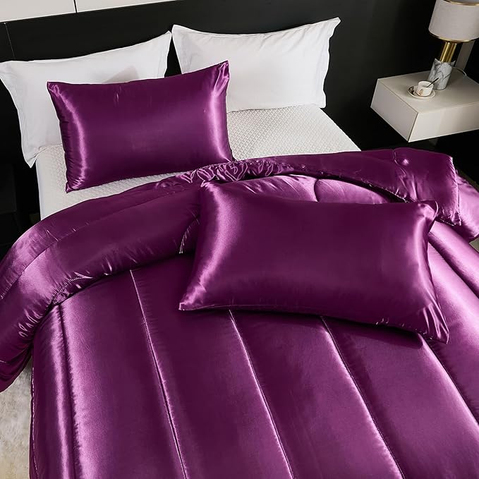 Satin Comforter Set King Silk Like Satin Bedding Set Luxury Hotel Silky Bed Home Deocr Sexy Silky Down Comforter Purple Bed Set 3 Pcs