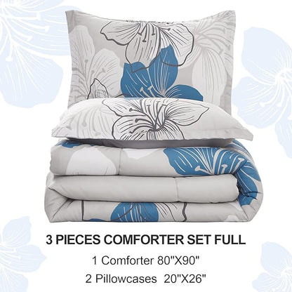 Menghomeus Floral Comforter Set Full Blue Floral Pattern Printed on Grey, Soft Microfiber Bedding Set Lightweight Boho Bed Set for All Season (1 Comforter, 2 Pillowcases)