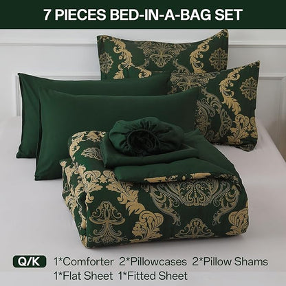 WONGS BEDDING Green Damask King Size Comforter Set, 7 Piece Texture Microfiber Comforter Bedding Set for All Season, Bed in a Bag with Comforter, Flat Sheet, Fitted Sheet, Pillowcases & Shams