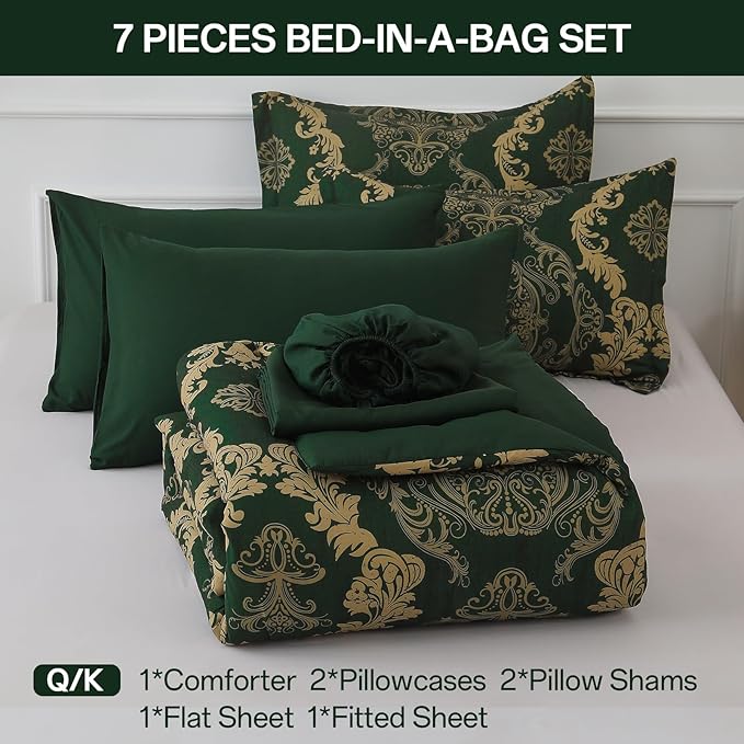 WONGS BEDDING Green Damask Queen Size Comforter Set, 7 Piece Texture Microfiber Comforter Bedding Set for All Season, Bed in a Bag with Comforter, Flat Sheet, Fitted Sheet, Pillowcases & Shams