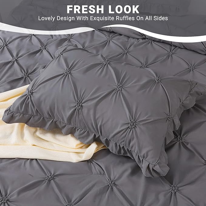 JOLLYVOGUE King Size Comforter Set 7 Pieces, Pintuck Dark Grey Bed in a Bag Comforter Set for Bedroom, Beddding Sets with Comforter, Sheets,Ruffled Shams & Pillowcases