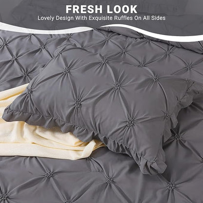 JOLLYVOGUE King Size Comforter Set 7 Pieces, Pintuck Dark Grey Bed in a Bag Comforter Set for Bedroom, Beddding Sets with Comforter, Sheets,Ruffled Shams & Pillowcases