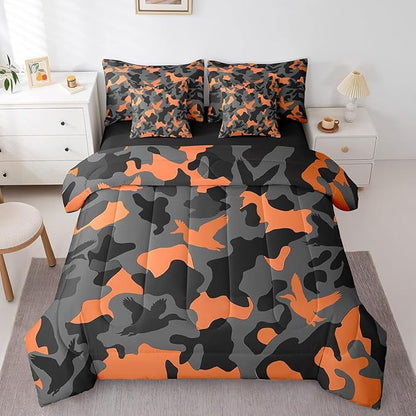 Erosebridal Duck Hunter 7 Piece Comforter Set Full Size Camo Bedding for Kids Army Camouflage Hunting Bed in A Bag Sheet Set Vintage Orange Grey Room Decor Wild Animal Duck Rustic Bed Set