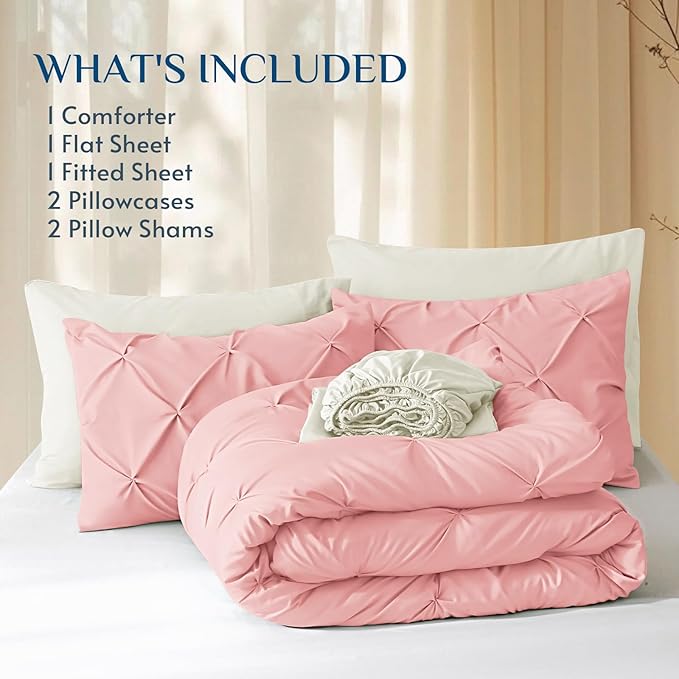 JOLLYVOGUE California King Comforter Set 7 Pieces - Bed in a Bag Cal King for All Season, Pintuck Bedding Comforter Sets with Comforter, Flat Sheet, Fitted Sheet and Pillowcases & Shams, Pink & Ivory