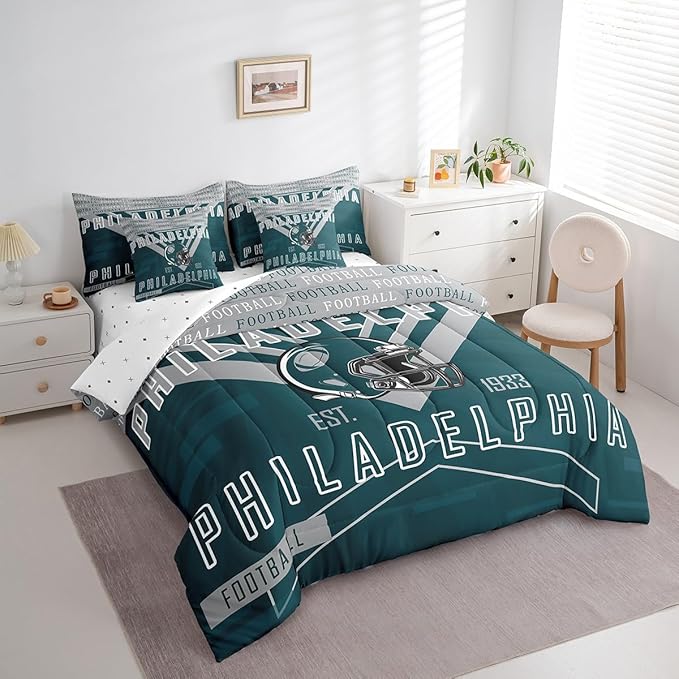 Feelyou Football 7 Pieces Comforter Sets King Size Bedding Set for Boys Kids Teen Sports Theme Football City Bed in a Bag with Comforter, Sheets, Pillowcases & Cushion Cover
