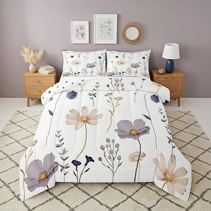 Erosebridal Watercolor Flower Bedding Set Twin, Plum Beige Floral Comforter Set for Teens Adult Women Bedroom, Modern Minimalist White Duvet Insert Branches Pastoral Down Comforter, 1 Pillow Case