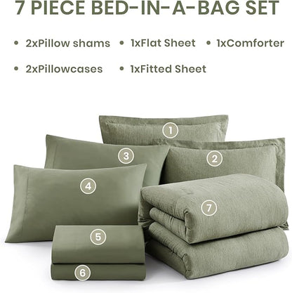 Monbix California King Comforter Set - 7 Pieces Cationic Dyeing Sage Green Bed in a Bag Cal King Bed Sets with Comforter, Sheets, Pillowcases & Shams, Reversible Bedding Comforters Sets