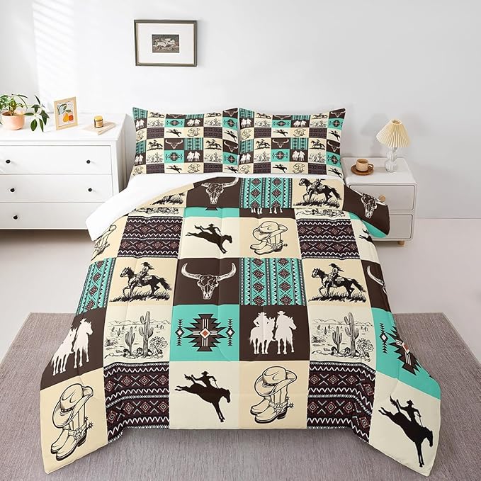Western Cowboy Comforter Set King Size,Cow Skull Desert Cactus Bedding Set,Rustic Aztec Tribal Striped Quilt Set,Kids Teens Adult Room Decor,Brown Turquoise Geometric Plaid Duvet Insert 3Pcs