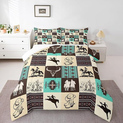 Western Cowboy Comforter Set King Size,Cow Skull Desert Cactus Bedding Set,Rustic Aztec Tribal Striped Quilt Set,Kids Teens Adult Room Decor,Brown Turquoise Geometric Plaid Duvet Insert 3Pcs