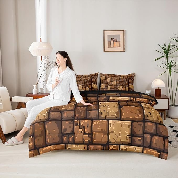 Castle Fairy Brown Stone Wall 7 Piece Bedding Set Queen Size,Pixel Style Comforter & Sheet Sets Splicing Grid Block Bed in a Bag Video Games Flat & Fitted Sheets,4 Pillow Covers