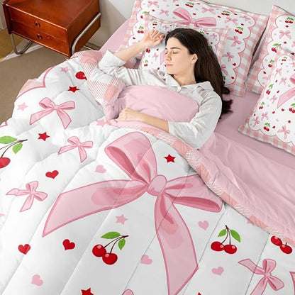 Erosebridal Bow Cherry Plaid Pink Girls Kids King 7-Piece Comforter Set | Bowknot Fruits Kawaii Cute Sheets and Pillowcases Checkered White Princess Red Bed in A Bag Teens Women Bed Sets