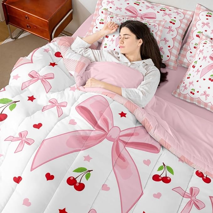 Erosebridal Bow Cherry Plaid Pink Girls Kids Full Comforter Set 7 Pieces | Bowknot Fruits Kawaii Bed in A Bag for Bedroom Checkered White Red Bedding Set with Comforters Teens Women Room Decor