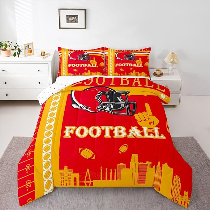 Feelyou Football Bedding Set Boys Girls Rugby Sports Comforter Set Full Size Women Men Football City Duvet Quilt Yellow Red Room Decor