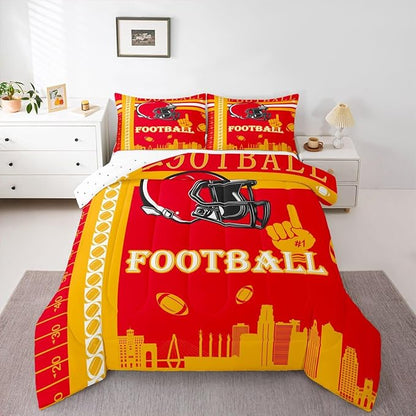 Feelyou Football Bedding Set Boys Girls Queen Size Women Men Rugby Sports Comforter Football City Duvet Quilt Yellow Red Room Decor
