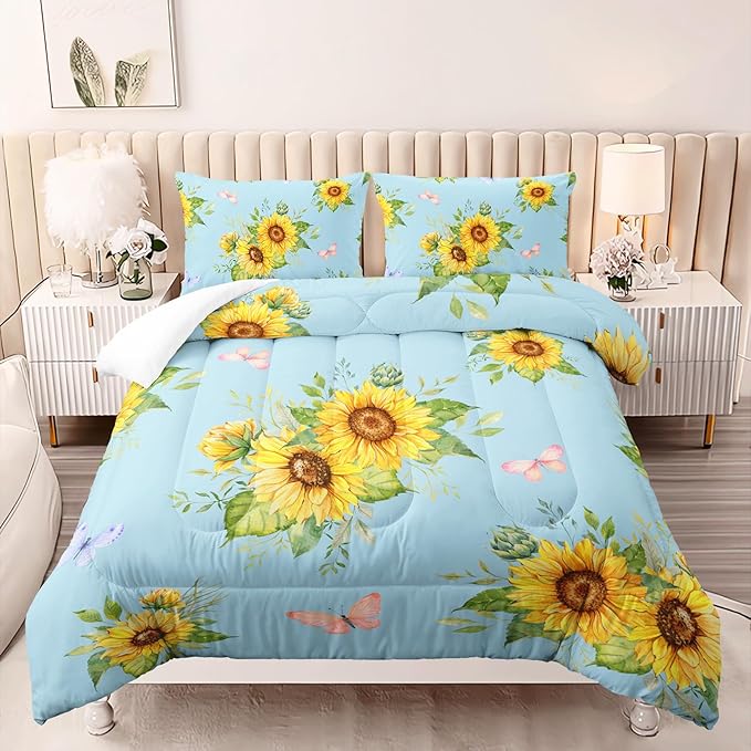 Sunflower Blue Comforter Set Full Size for Women Adults,3 Piece Butterfly Floral Bedding Set,Microfiber Quilts with 2 Shams Soft Lightweight Quilt Room Decor,Blue