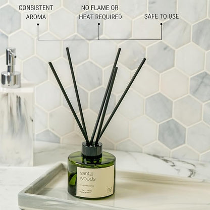 Craft & Kin Santal Woods Christmas Reed Diffuser | All Natural Essential Oil & Rattan Scent Sticks | Holiday Reed Diffusers for Home, Bathroom | Long Lasting Home Fragrance in Green Glass, 3.4oz
