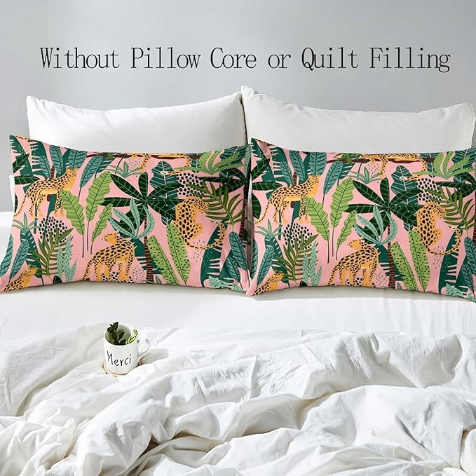 LUVIVIHOME 3PCS Leopard Duvet Cover Queen Bedding Sets, Pink Duvet Cover, Boho Aesthetic Tropical Plant Green Leaves Botanical Safari Jungle Animals Cheetah Print Comforter Quilt Cover, 2 Pillow Cases