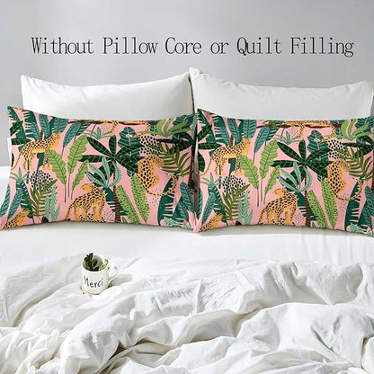 LUVIVIHOME 3PCS Leopard Duvet Cover Full Bedding Set, Pink Duvet Cover, Boho Aesthetic Tropical Plant Green Leaves Botanical Safari Jungle Animals Cheetah Leopard Comforter Quilt Cover, 2 Pillow Cases